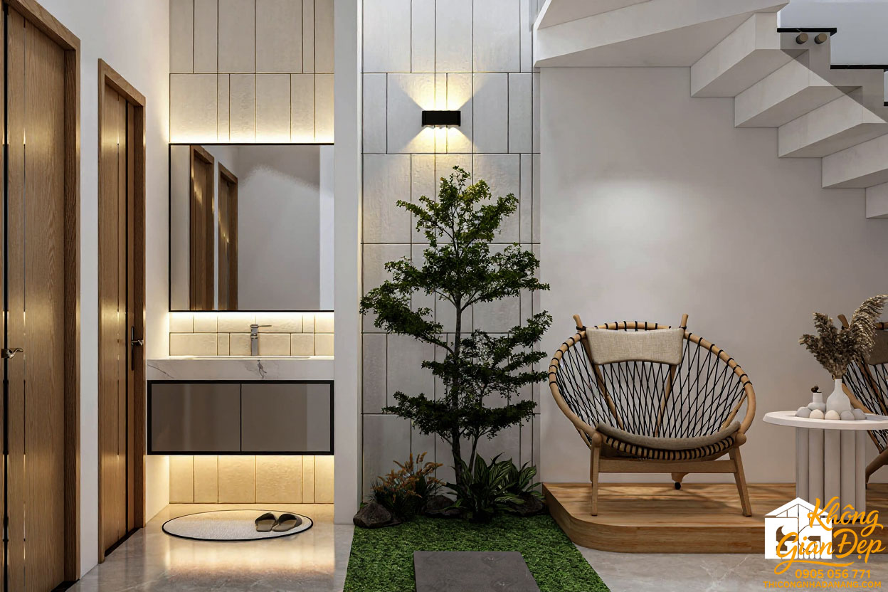 Giếng trời và khu vực thư giãn trong nhà ống 3 tầng 5x20