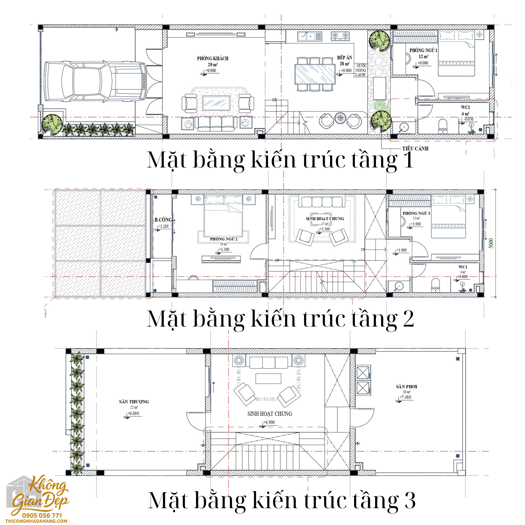 Bản vẽ mặt bằng nhà 3 tầng 5x20 có giếng trời