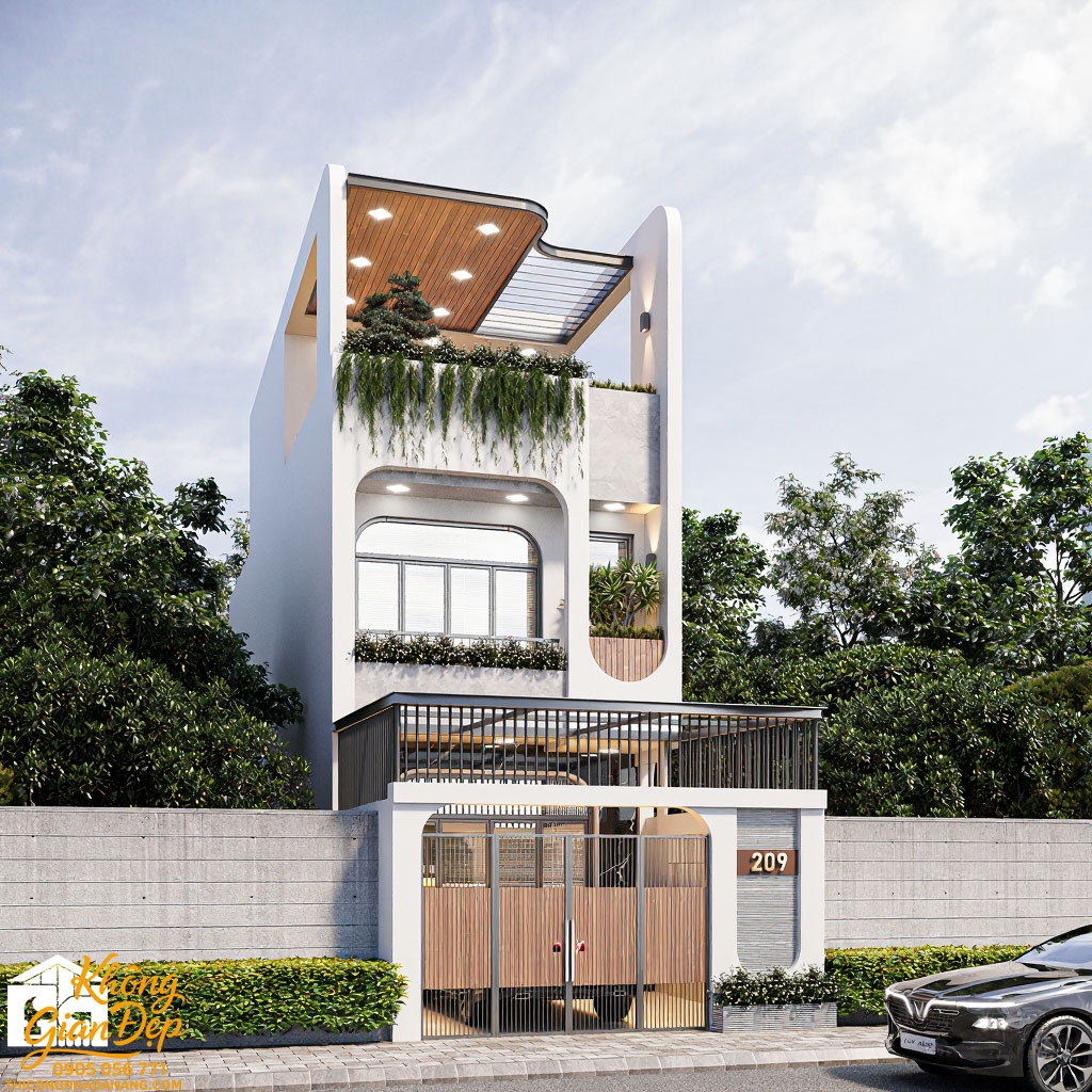 Phối cảnh mặt tiền nhà ống 3 tầng 5x20 có giếng trời