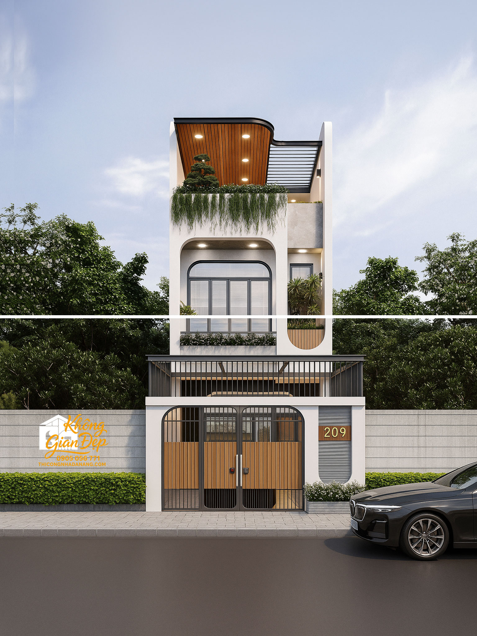 Chi tiết mặt tiền nhà ống 3 tầng 5x20 có giếng trời