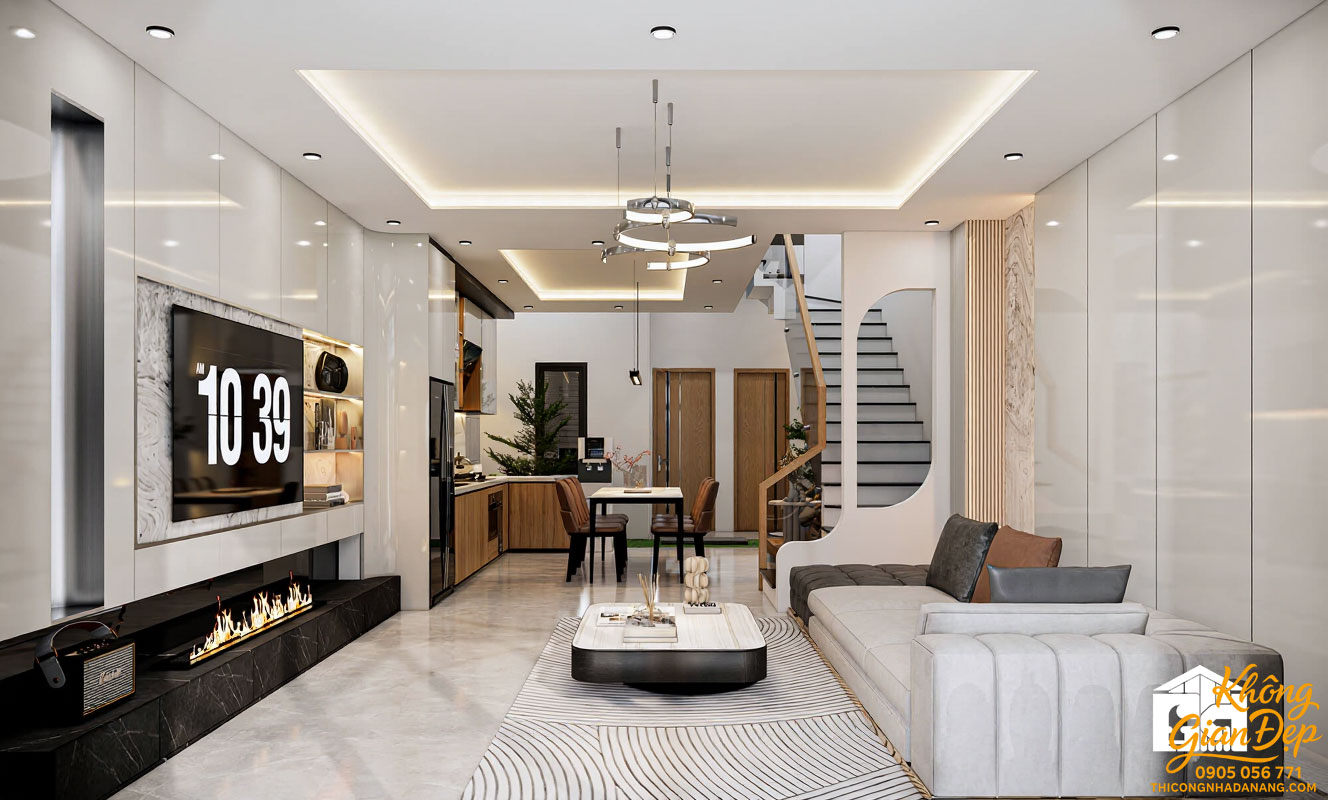 Nội thất phòng khách nhà ống 3 tầng 5x20 có giếng trời