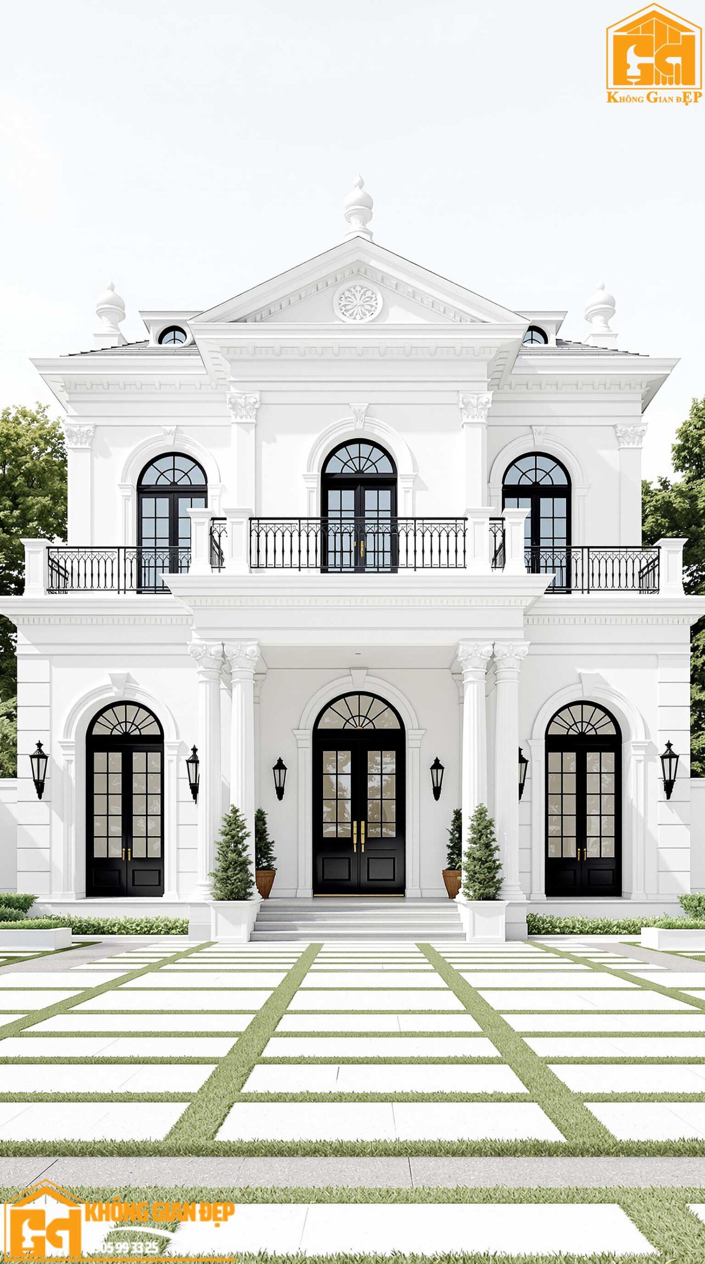 Cận cảnh ban công và chi tiết trang trí mặt tiền nhà tân cổ điển 3 tầng