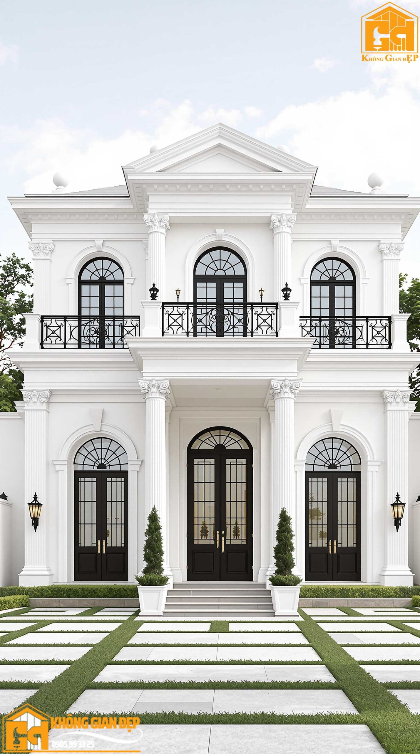 Toàn cảnh biệt thự 3 tầng tân cổ điển với hệ thống cổng và tường rào đồng bộ