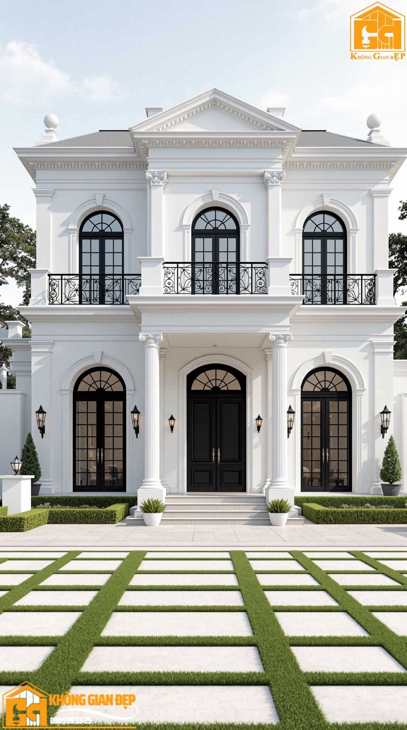 Mặt tiền nhà 3 tầng tân cổ điển lung linh dưới ánh đèn vào buổi tối