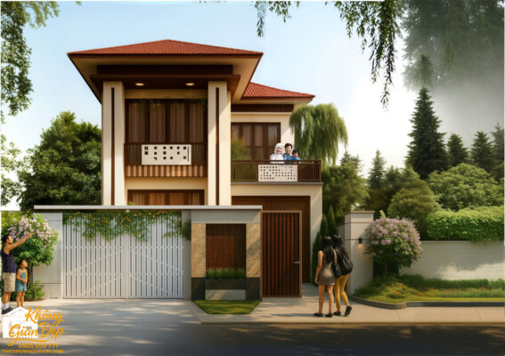 Phối cảnh góc nghiêng của biệt thự mái thái 2 tầng 8x20 với cổng và tường rào.