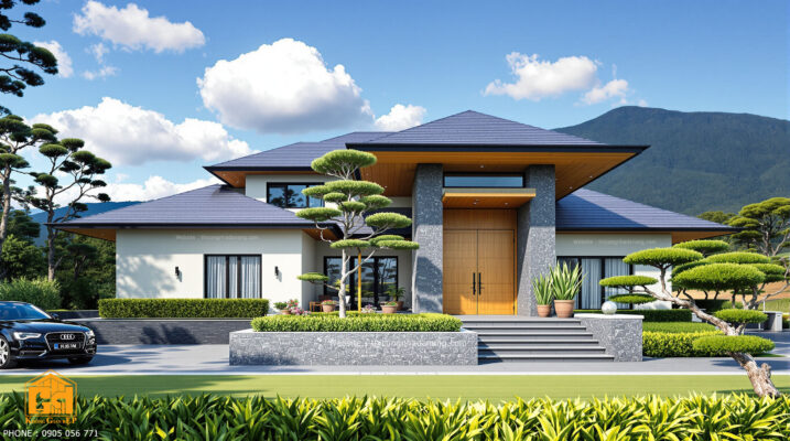 Phối cảnh chính diện của một mẫu thiết kế biệt thự 2 tầng mái thái hiện đại, thể hiện sự bề thế và sang trọng với bậc tam cấp.