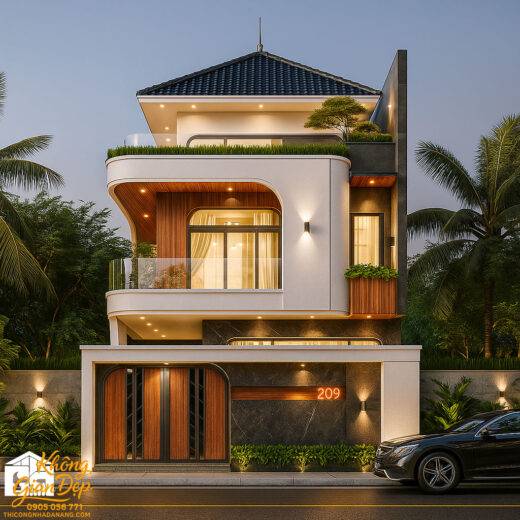 Phối cảnh mặt tiền biệt thự 3 tầng 7x20m mái Thái hiện đại