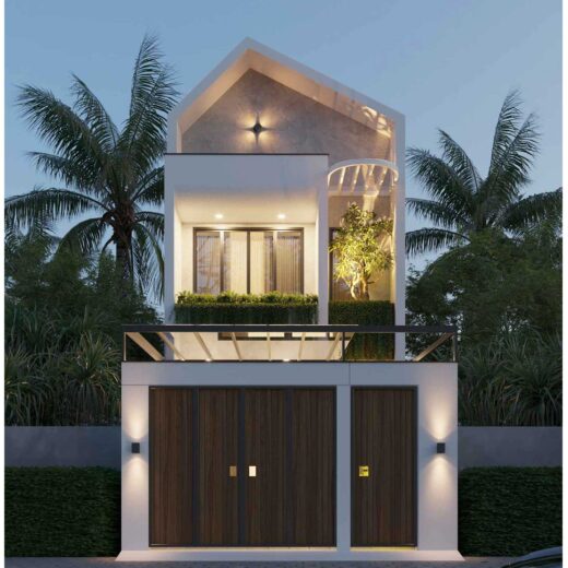 Phối cảnh mặt tiền nhà phố 2 tầng 5x22m hiện đại với gam màu trắng xám
