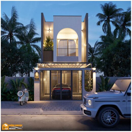 Phối cảnh góc nghiêng nhà phố 2 tầng 5x24m với ban công kính và cây xanh