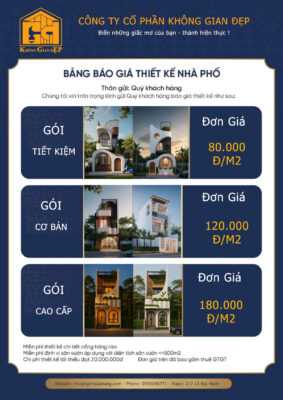 Bảng báo giá thiết kế nhà phố năm 2025 với 3 gói Tiết Kiệm, Cơ Bản, và Cao Cấp.