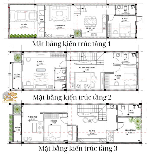 mat bang kien truc nha 3 tang 4 phong ngu 5x20 1