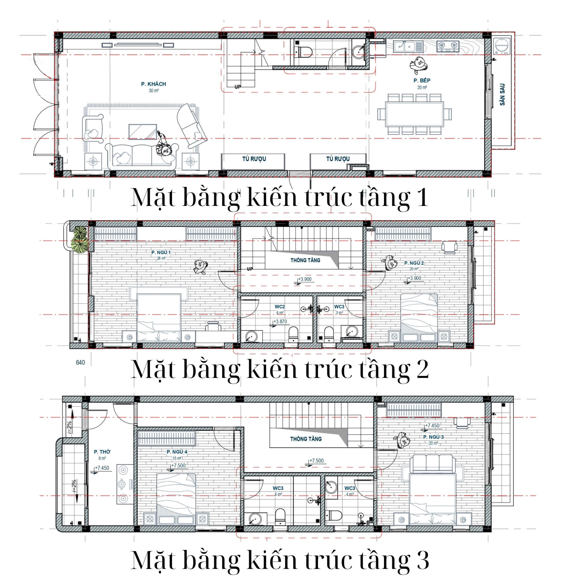 Bản vẽ mặt bằng kiến trúc nhà 3 tầng 5x15m 4 phòng ngủ