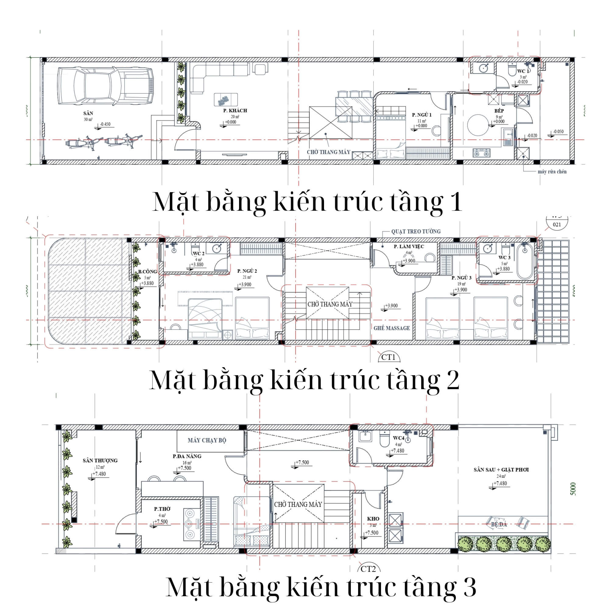 Bản vẽ mặt bằng kiến trúc nhà 3 tầng 5x25m