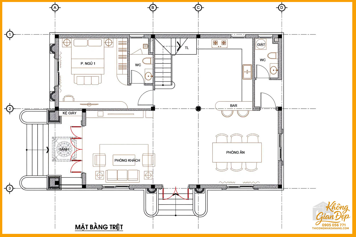 Bản vẽ mặt bằng công năng tầng 1 biệt thự 2 tầng 8x12