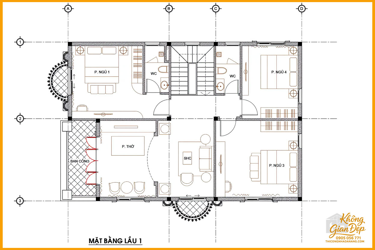 Bản vẽ mặt bằng công năng tầng 2 biệt thự 2 tầng 8x12