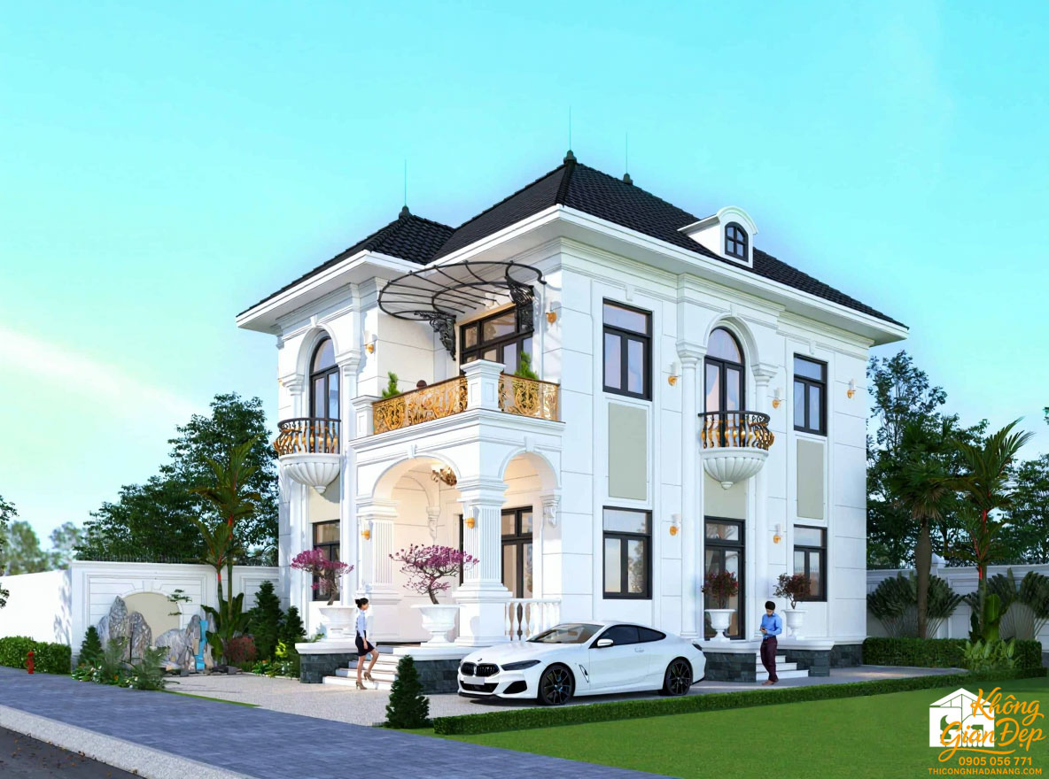 Phối cảnh tổng thể biệt thự 2 tầng 8x12 có sân vườn
