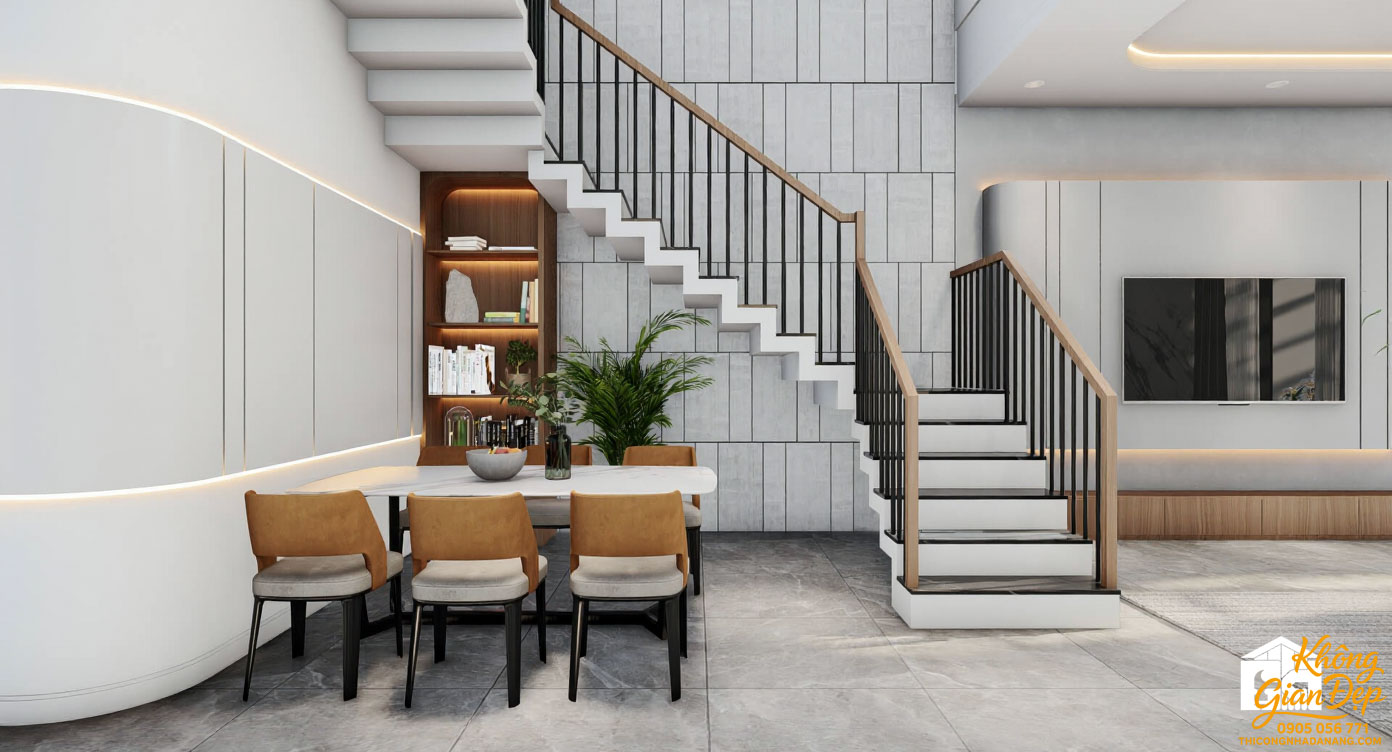 Vách tivi ốp đá và kệ trang trí phòng khách nhà 5x25m