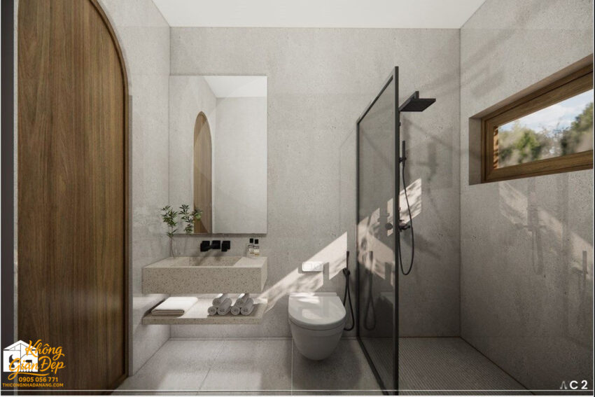 Lavabo và gương trong phòng tắm nhà cấp 4.