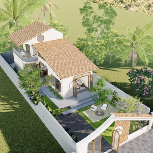 Phối cảnh tổng thể nhà cấp 4 và sân vườn.