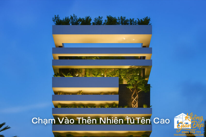 Không gian phòng khách hiện đại của nhà phố 5x22m.