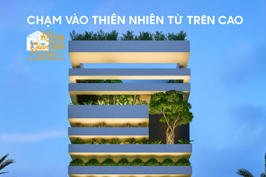 Toàn cảnh không gian phòng khách và cầu thang nhà phố 5x22m.