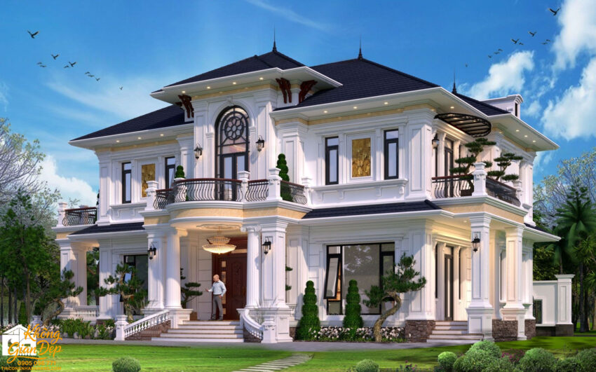 Phối cảnh góc nghiêng biệt thự 2 tầng 12x18m với ban công kính