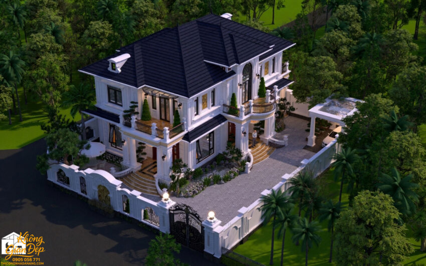 Phối cảnh biệt thự 2 tầng 12x18m vào buổi tối có đèn chiếu sáng