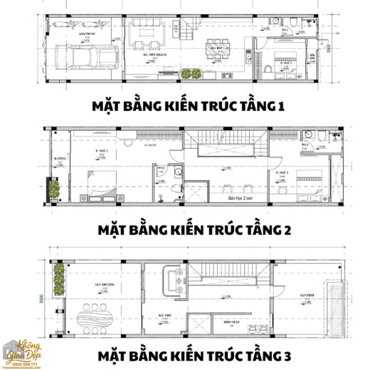 mat bang kien truc thiet ke nha 3 tang co gieng troi 5x20m