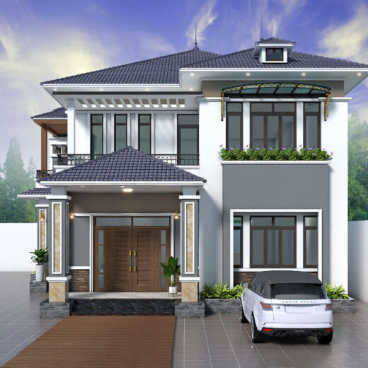 Phối cảnh mặt tiền chính diện của biệt thự 2 tầng mái Nhật 12x15m.