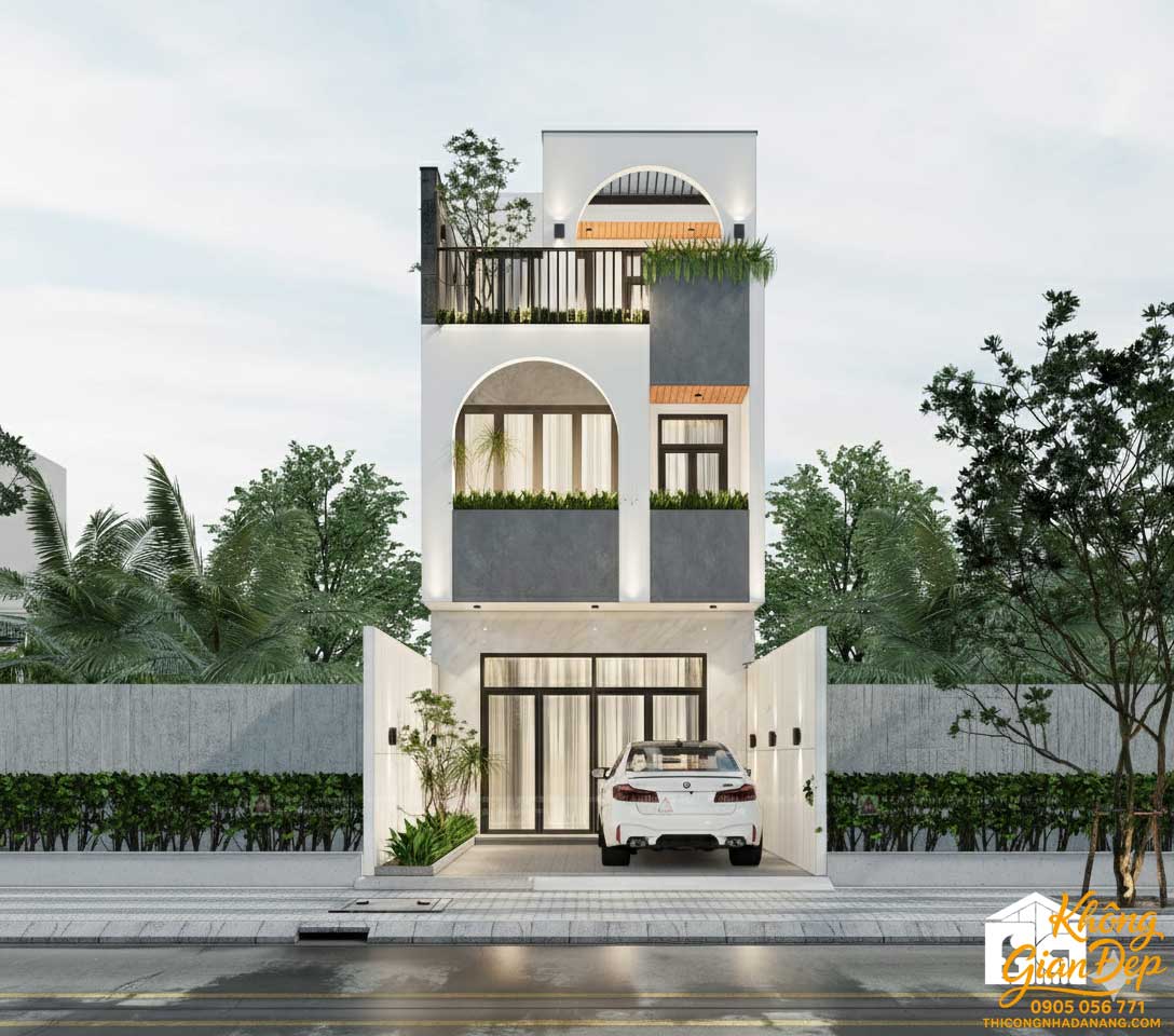 Mẫu Nhà Phố 3 Tầng 5x20: Thiết Kế 3 Phòng Ngủ Hiện Đại & Tối Ưu Công Năng 38 Phối cảnh mặt tiền nhà phố 3 tầng mặt tiền 5m hiện đại