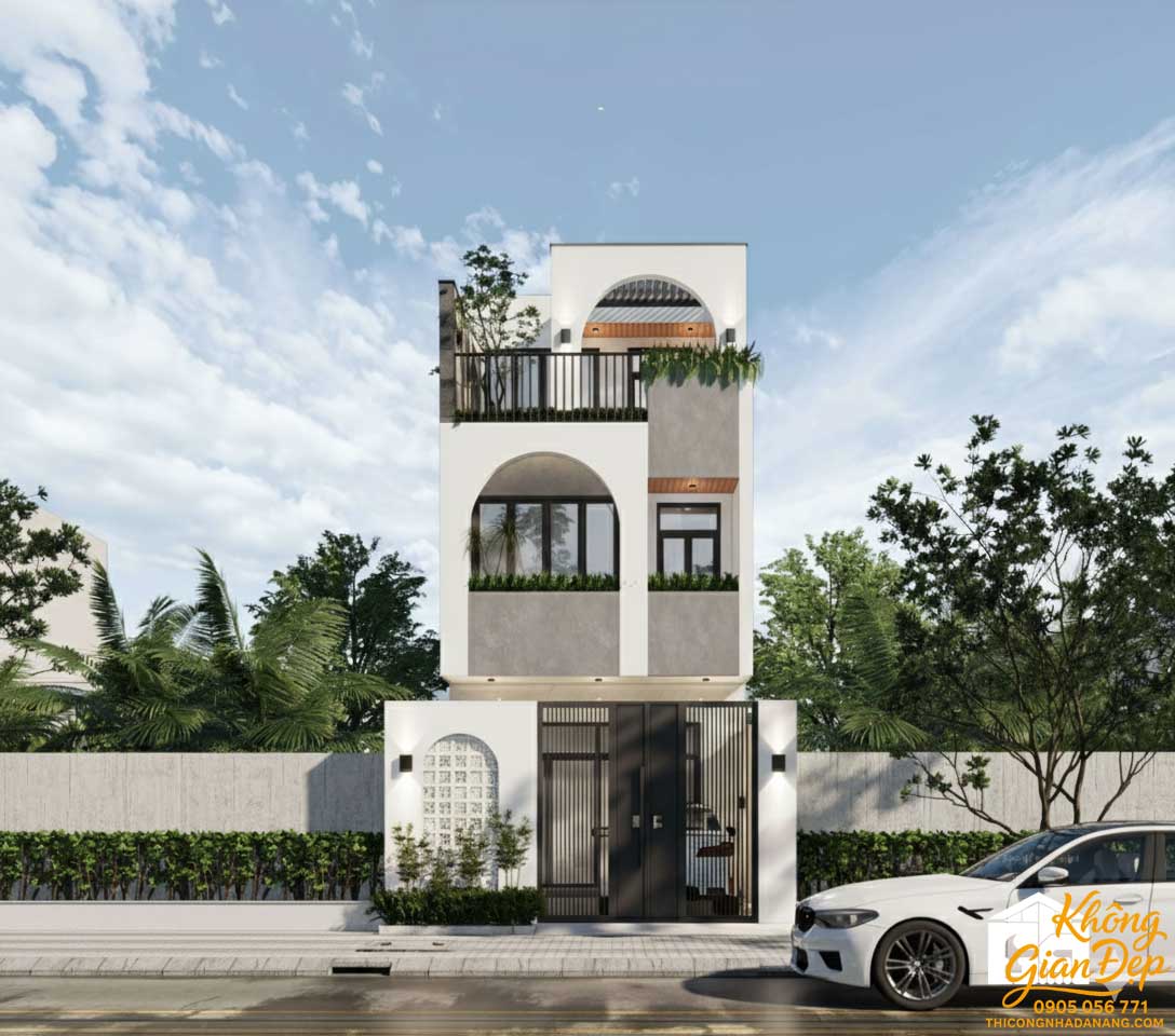 Mẫu Nhà Phố 3 Tầng 5x20: Thiết Kế 3 Phòng Ngủ Hiện Đại & Tối Ưu Công Năng 40 Phối cảnh góc nghiêng nhà phố 3 tầng mặt tiền 5m