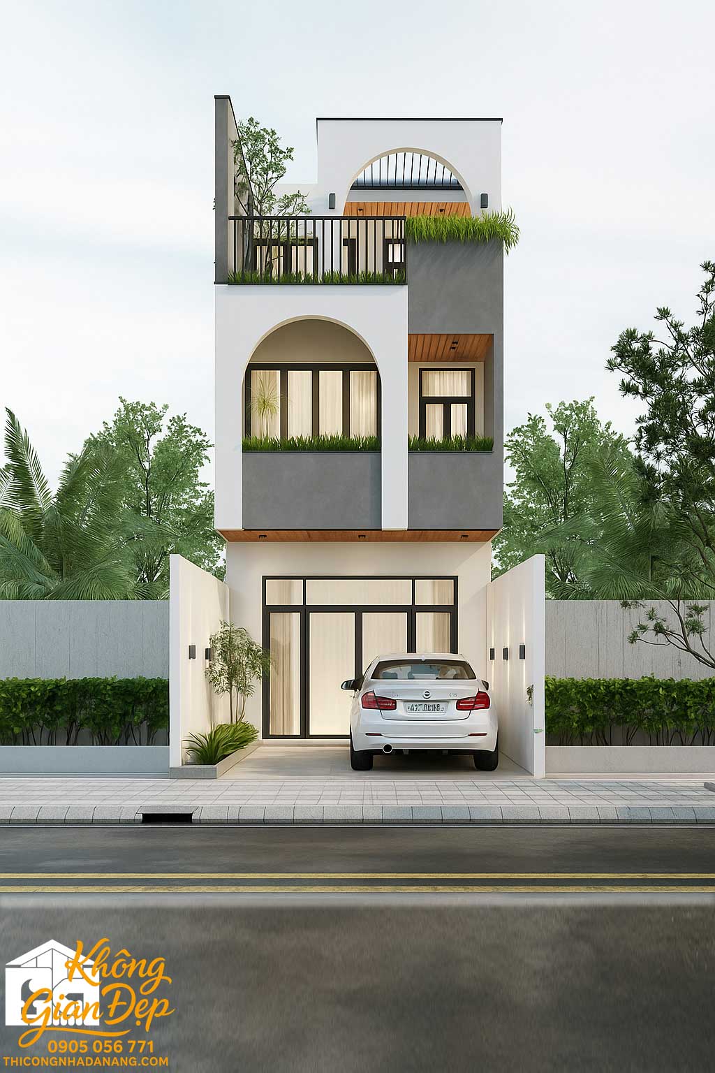 Mẫu Nhà Phố 3 Tầng 5x20: Thiết Kế 3 Phòng Ngủ Hiện Đại & Tối Ưu Công Năng 1 Chi tiết ban công và vật liệu mặt tiền nhà phố 3 tầng 5m
