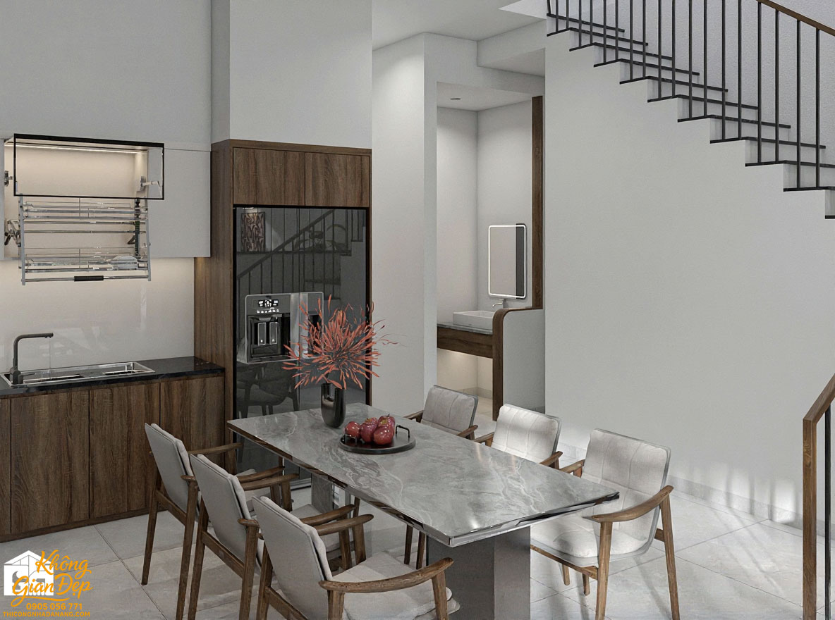 Nội thất phòng bếp hiện đại biệt thự 3 tầng 8x16m với tủ bếp màu trắng