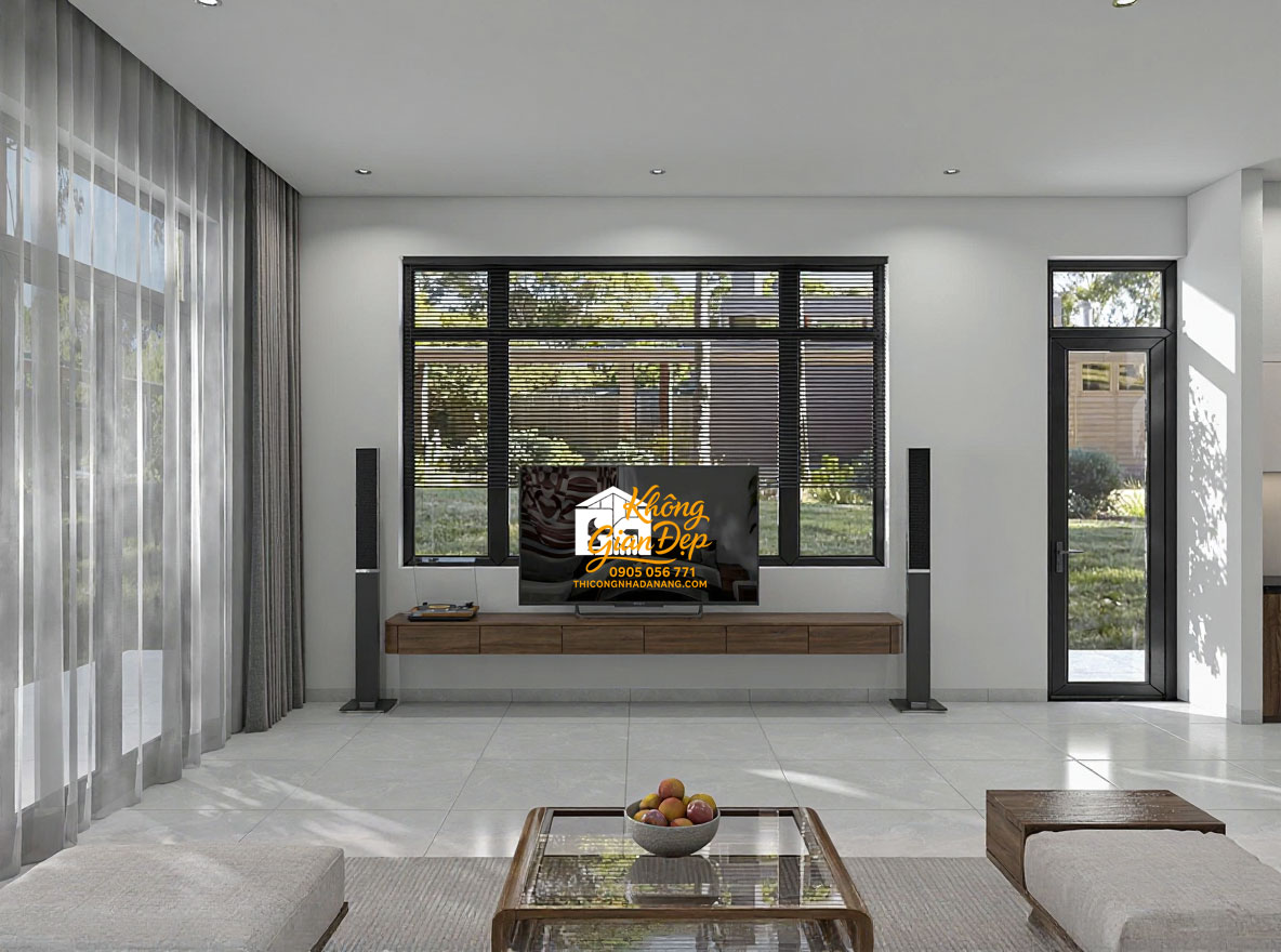 Nội thất phòng khách hiện đại biệt thự 3 tầng 8x16m với sofa xám