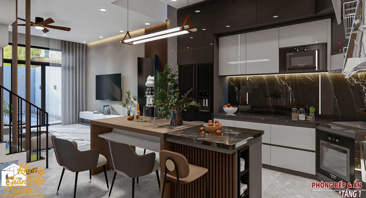 Mẫu Nhà Phố 3 Tầng 5x20: Thiết Kế 3 Phòng Ngủ Hiện Đại & Tối Ưu Công Năng 43 Nội thất phòng bếp hiện đại nhà phố 3 tầng mặt tiền 5m với tủ bếp màu trắng