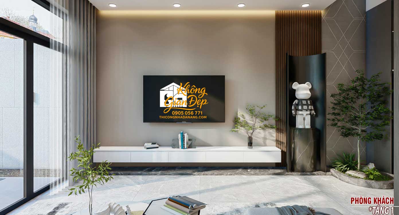 Mẫu Nhà Phố 3 Tầng 5x20: Thiết Kế 3 Phòng Ngủ Hiện Đại & Tối Ưu Công Năng 42 Nội thất phòng khách hiện đại nhà phố 3 tầng mặt tiền 5m với sofa xám