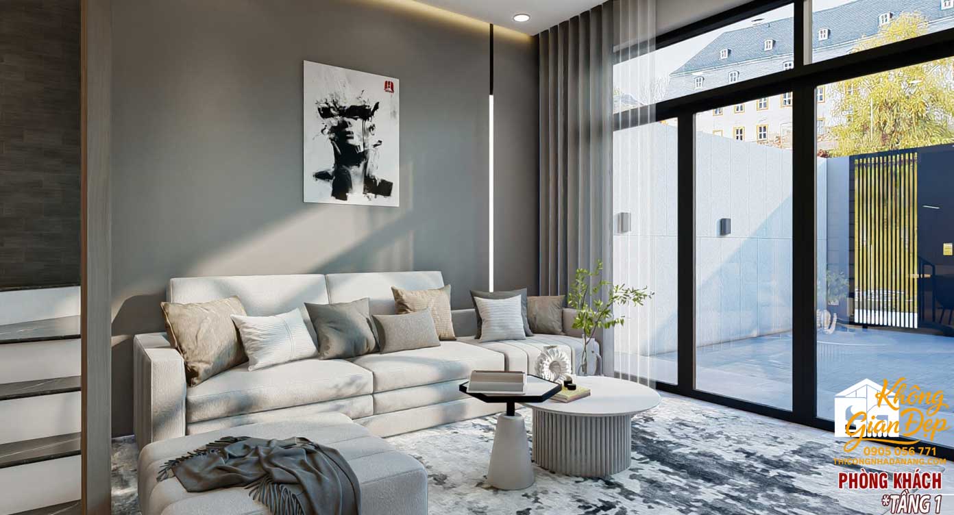 Mẫu Nhà Phố 3 Tầng 5x20: Thiết Kế 3 Phòng Ngủ Hiện Đại & Tối Ưu Công Năng 12 Vách tivi ốp đá marble trong phòng khách nhà phố 3 tầng 5m