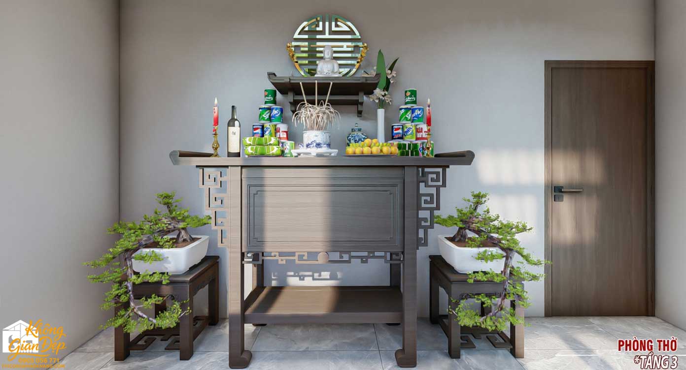 Mẫu Nhà Phố 3 Tầng 5x20: Thiết Kế 3 Phòng Ngủ Hiện Đại & Tối Ưu Công Năng 47 Không gian phòng thờ trang nghiêm nhà phố 3 tầng mặt tiền 5m