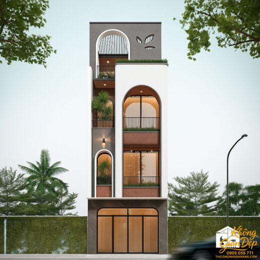 Phối cảnh mặt tiền nhà phố 4 tầng 5x22m phong cách hiện đại 2025