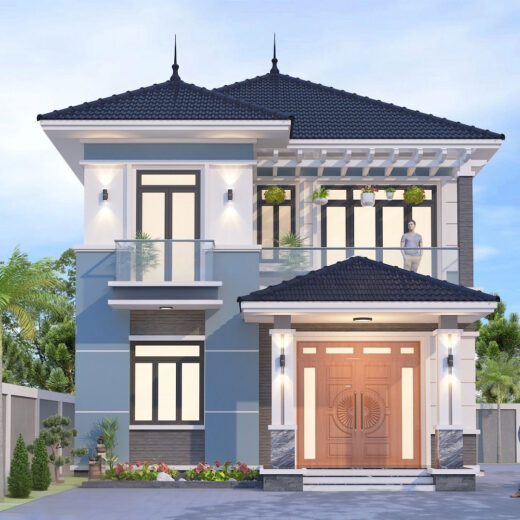 Phối cảnh buổi tối của biệt thự 2 tầng 8x12m có đèn.
