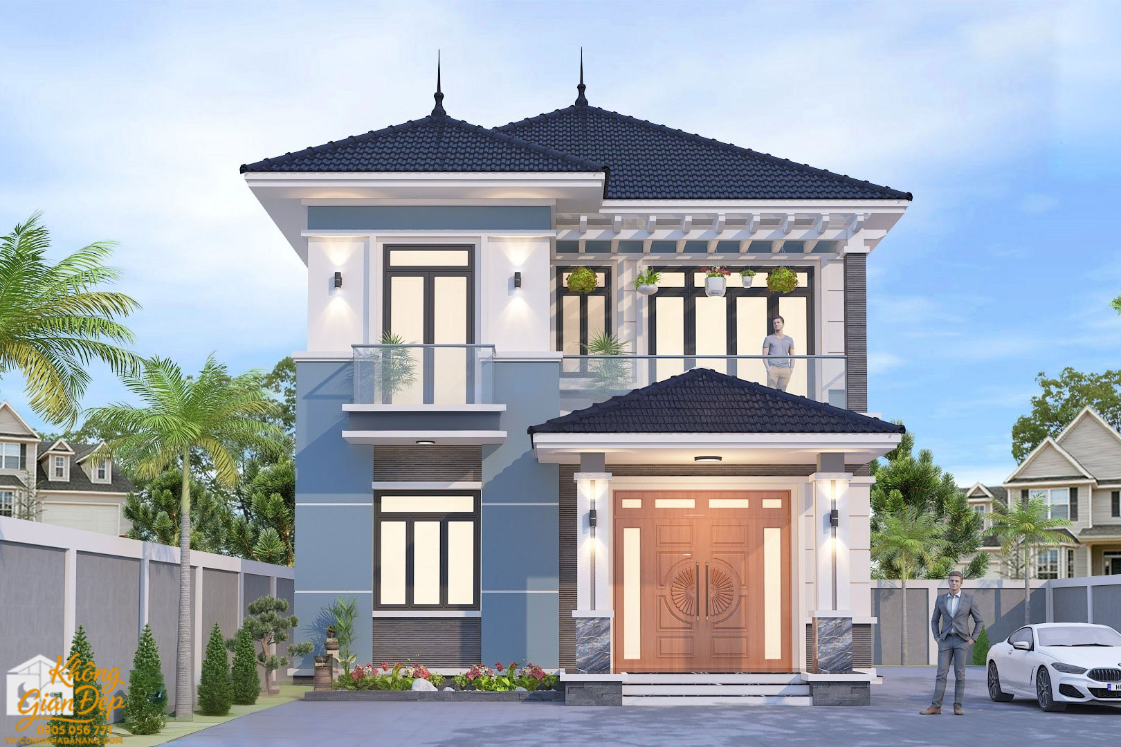 Phối cảnh biệt thự 2 tầng 8x12m ban đêm