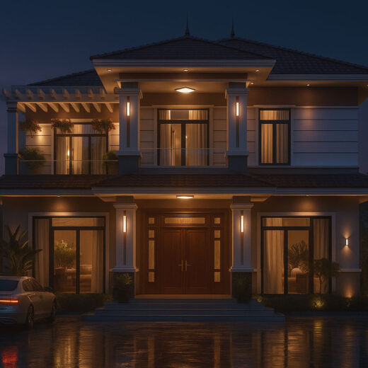 Phối cảnh biệt thự 2 tầng mái thái 12x15m góc từ bên trái