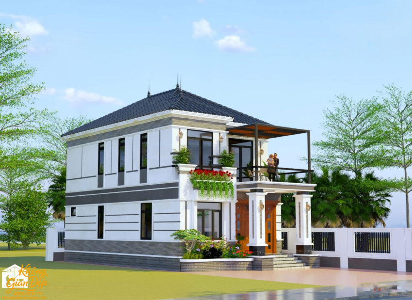 Phối cảnh biệt thự 2 tầng mái thái 8x18m góc từ bên trái
