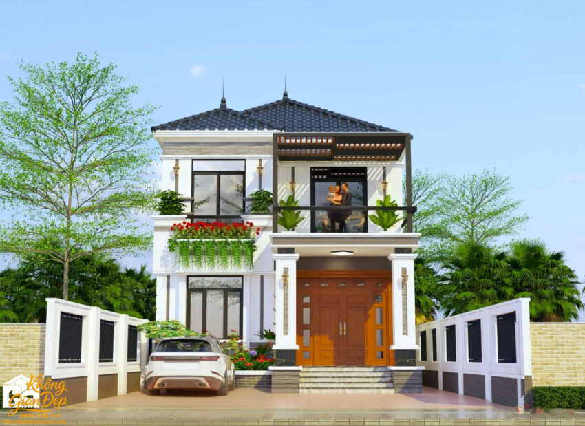 Cận cảnh góc chính diện biệt thự mái thái 8x18m