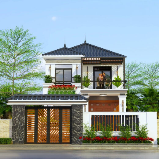 Phối cảnh chính diện toàn cảnh biệt thự mái thái 8x18m