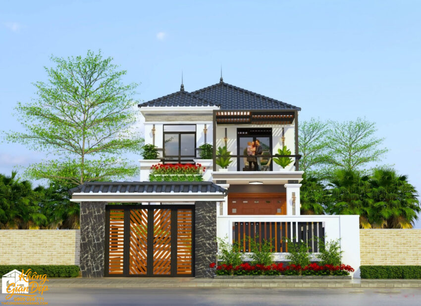 Phối cảnh chính diện toàn cảnh biệt thự mái thái 8x18m
