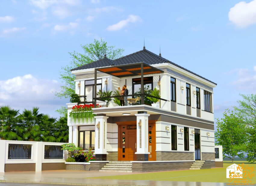 Phối cảnh góc bên phải biệt thự 2 tầng 8x18m