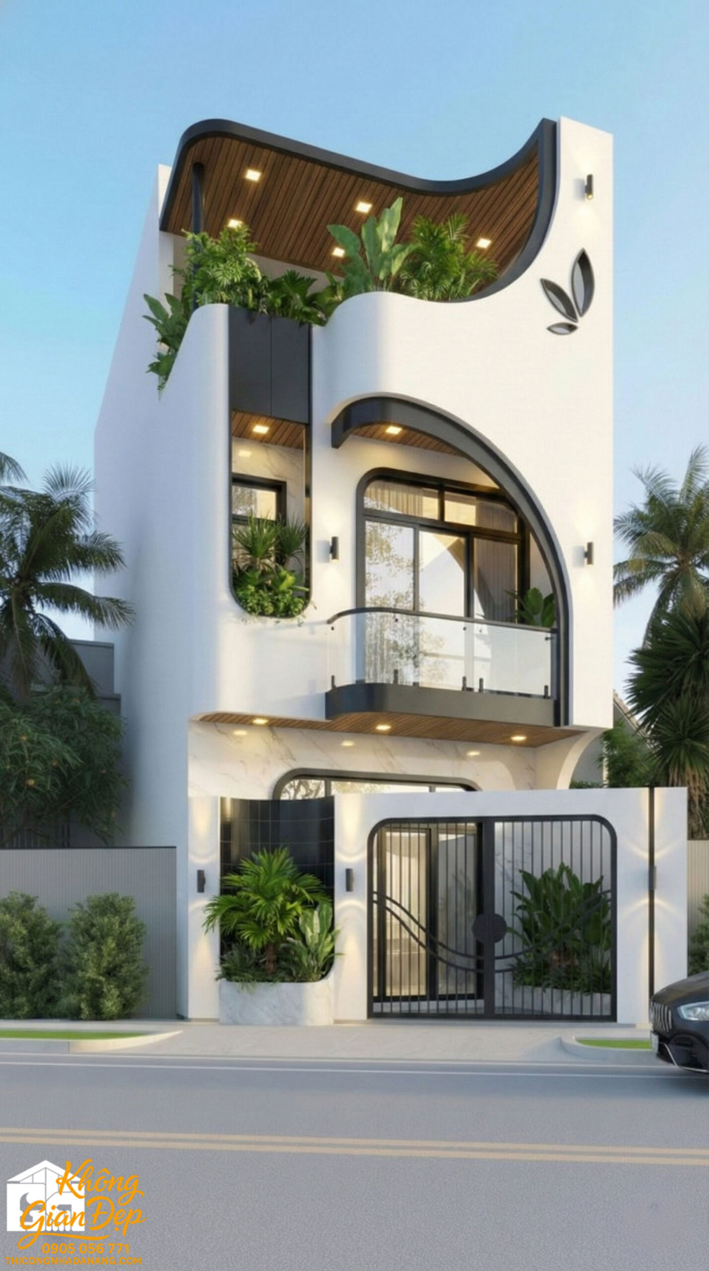 Mặt tiền nhà phố 3 tầng màu đen trắng mạnh mẽ uy nghi