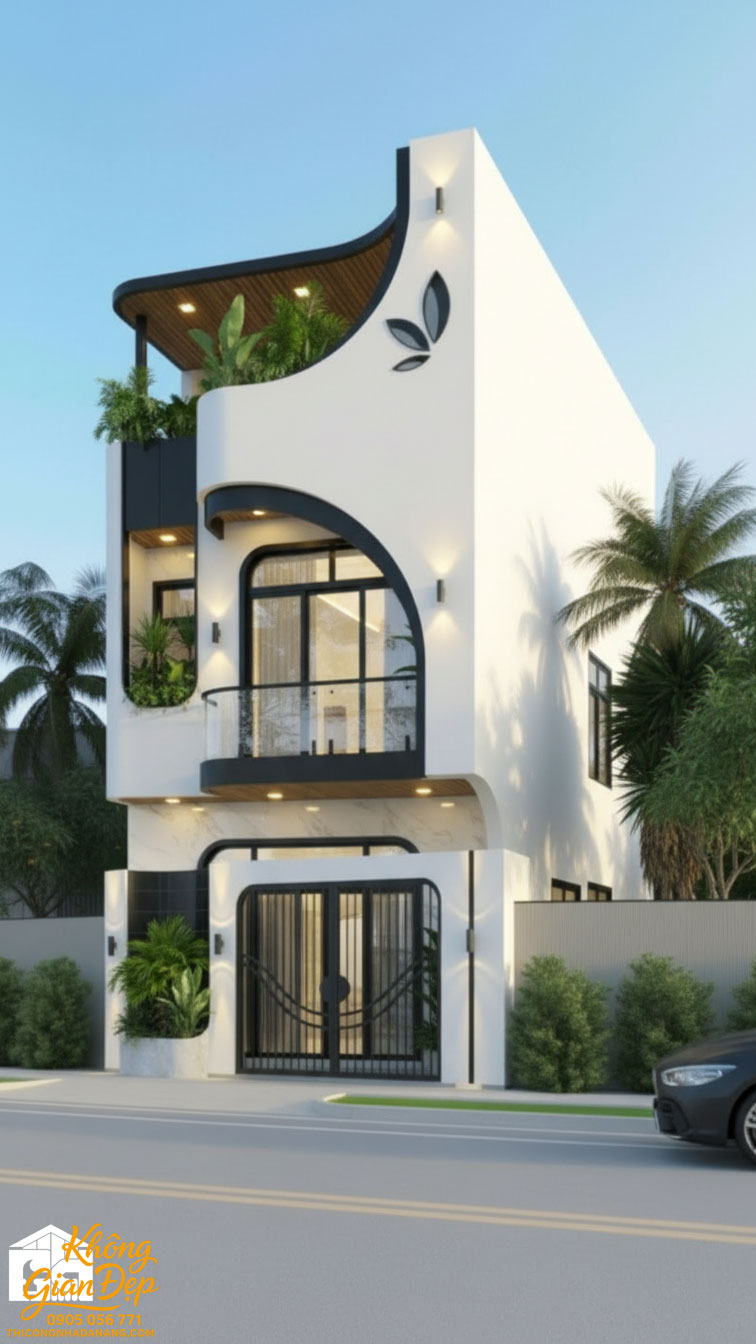 Thiết kế nhà phố màu đen trắng đẹp 2026 góc nhìn cận cảnh