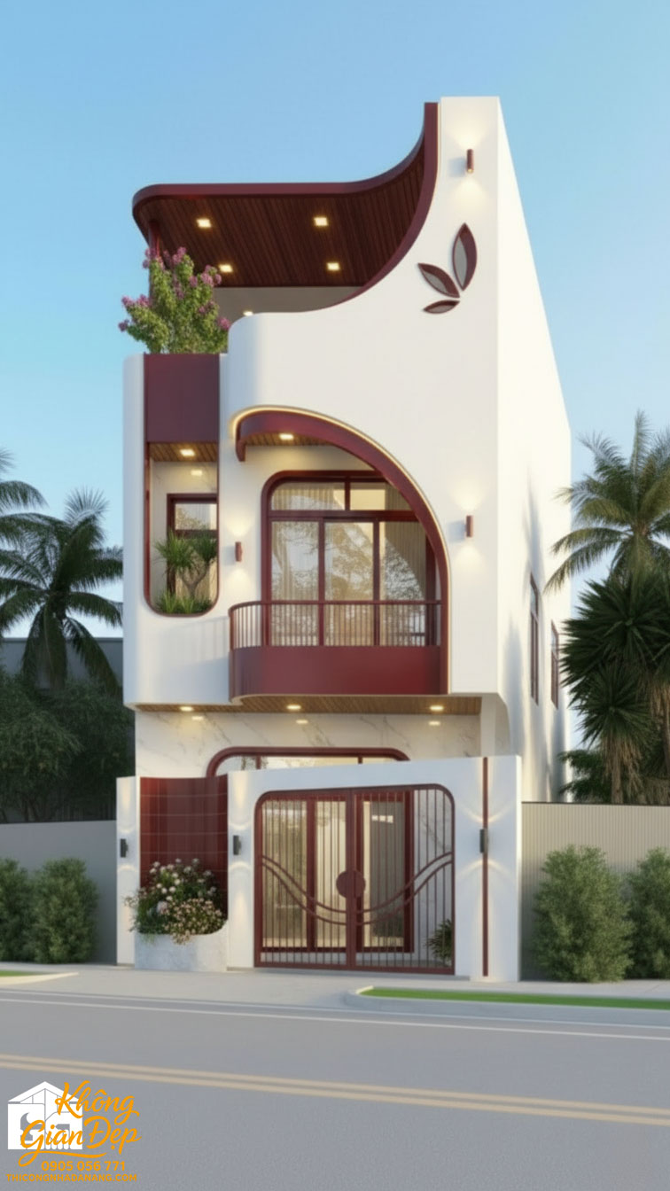 Mẫu nhà phố 3 tầng màu đỏ trắng đẹp cho người chững chạc